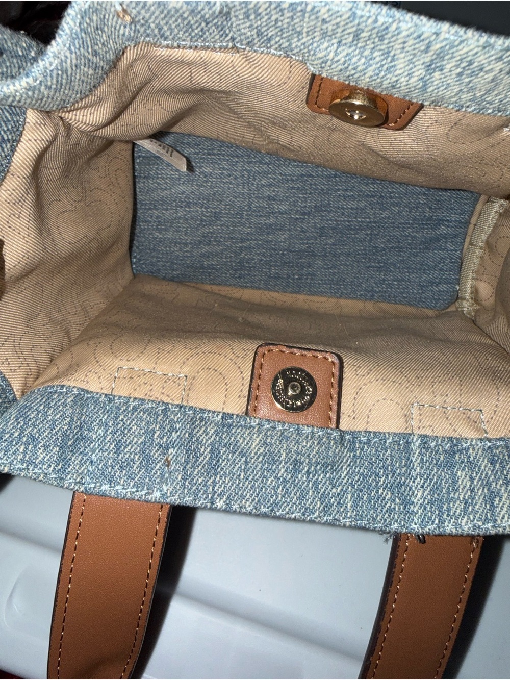 True Religion Light Blue Denim Tote with Tan Leather Handles - Picture 4 of 4